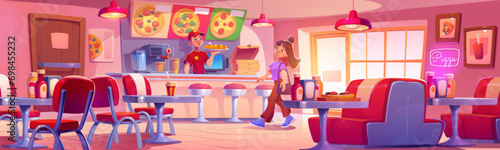 Pizza restaurant interior. Vector cartoon illustration of male pizzaiolo cooking for female customer, pizzeria menu board, coffee machine, ketchup mustard bottles on tables, cash register on counter