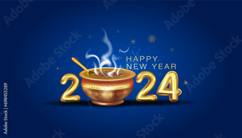Vector poster of 2024 fresh food creative concept with hot steam. Tasty, healthy, delicious, appetising food meal bowl with Welcome 2024 text.
