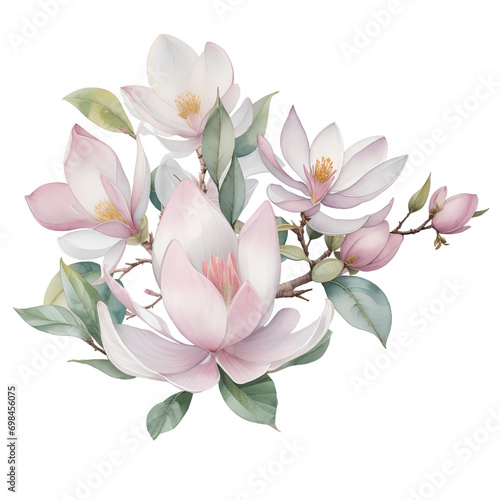 Elegant watercolor magnolia flowers. Floral botanical illustration