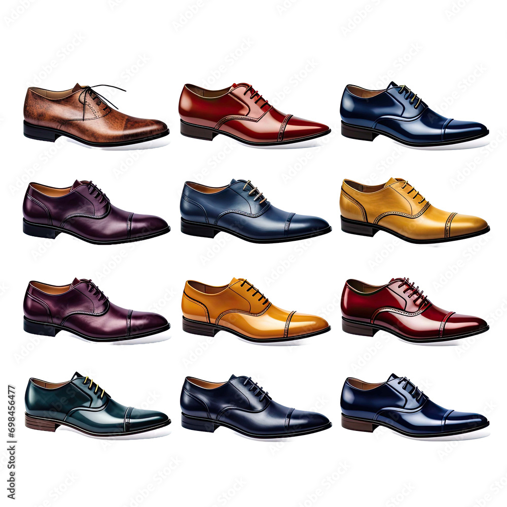 Transparent background cutouts of classic formal occasion shoes collection Set in different styles and colors Transparent background cutouts of classic formal occasion shoes collection Set in different styles and colors