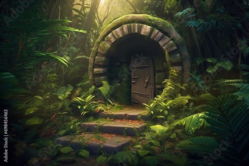 Enchanting portal hidden lush tropical forest, beckoning adventure