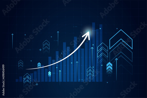 Abstract financial chart with up trend and arrow line graph in stock market on gradient dark blue color background