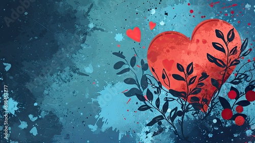  a painting of two red hearts surrounded by leaves and hearts on a blue background with splots of paint on the left side of the image and on the right side of the image. photo