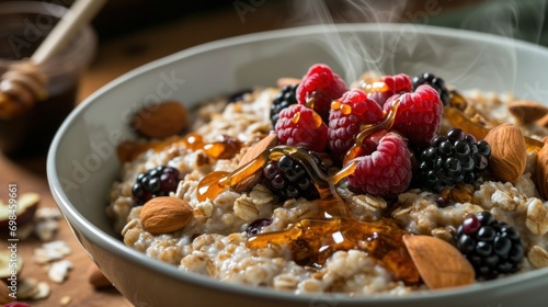  a bowl of oatmeal with berries, almonds, nuts and honey on top of a wooden table.