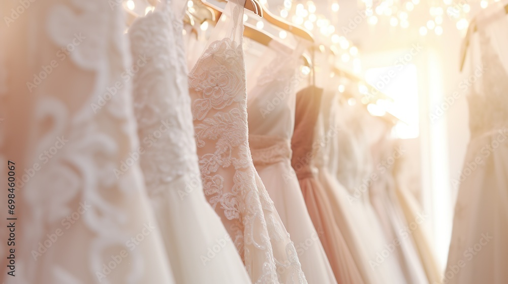 Gorgeous and sophisticated bridal dress elegantly displayed on hangers. Array of wedding dresses hanging in a boutique bridal shop salon. Blurred background in beige tones and sunlight. Gorgeous and sophisticated bridal dress elegantly displayed on hangers. Array of wedding dresses hanging in a boutique bridal shop salon. Blurred background in beige tones and sunlight.