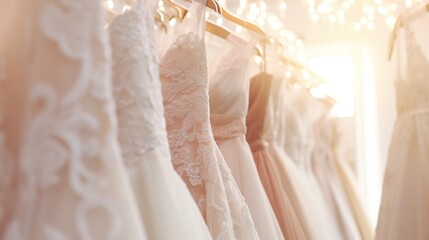 Gorgeous and sophisticated bridal dress elegantly displayed on hangers. Array of wedding dresses hanging in a boutique bridal shop salon. Blurred background in beige tones and sunlight.