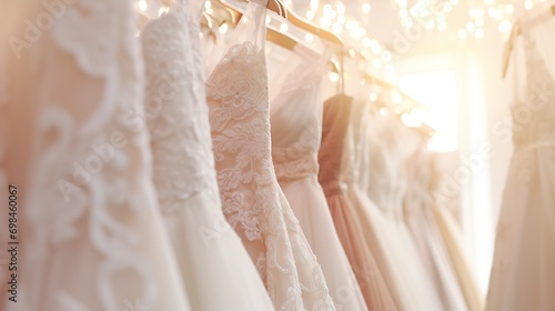 Gorgeous and sophisticated bridal dress elegantly displayed on hangers. Array of wedding dresses hanging in a boutique bridal shop salon. Blurred background in beige tones and sunlight. photo