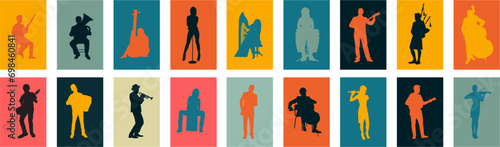 Large group multicolor silhouettes set of musicians playing various instruments vector collection. Musicians performing with various musical instruments silhouettes.
