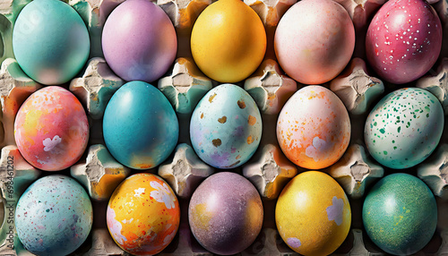 colorful easter eggs in a cardboard egg cup on a white background photo