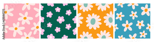 Groovy daisy patterns set. Flower powers, seamless backgrounds. Repeating simple floral prints, summer textures for funky wrapping, wallpaper, fabric, textile design. Colorful flat vector illustration