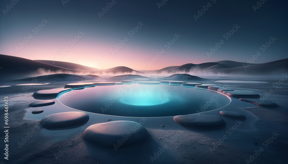 Twilight Geothermal Landscape: Serene misty pool surrounded by smooth rock formations