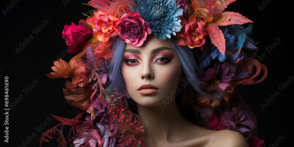 Wunderschönes Frauen Gesicht mit Blumen Kopfschmuck im dunklen Licht Nahaufnahme Querformat für Banner, ai generativ
