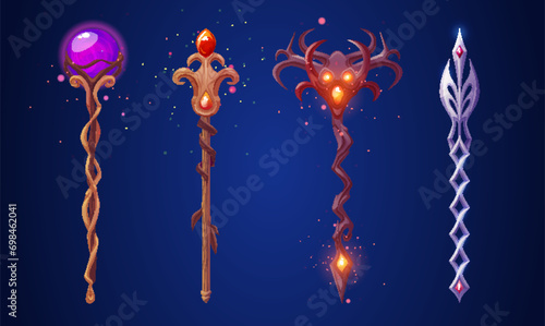 Fantasy scepter made of wood and metal with magic ball and glowing neon decorative gems. Cartoon vector illustration set of game wizard and magician power stuff weapon with luminous decorative crystal