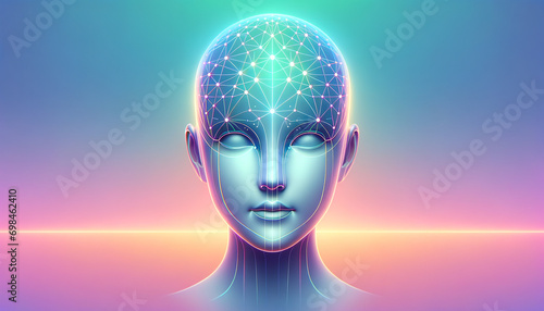 Tranquil AI: Minimalist composition with serene robot face and pastel gradient background.