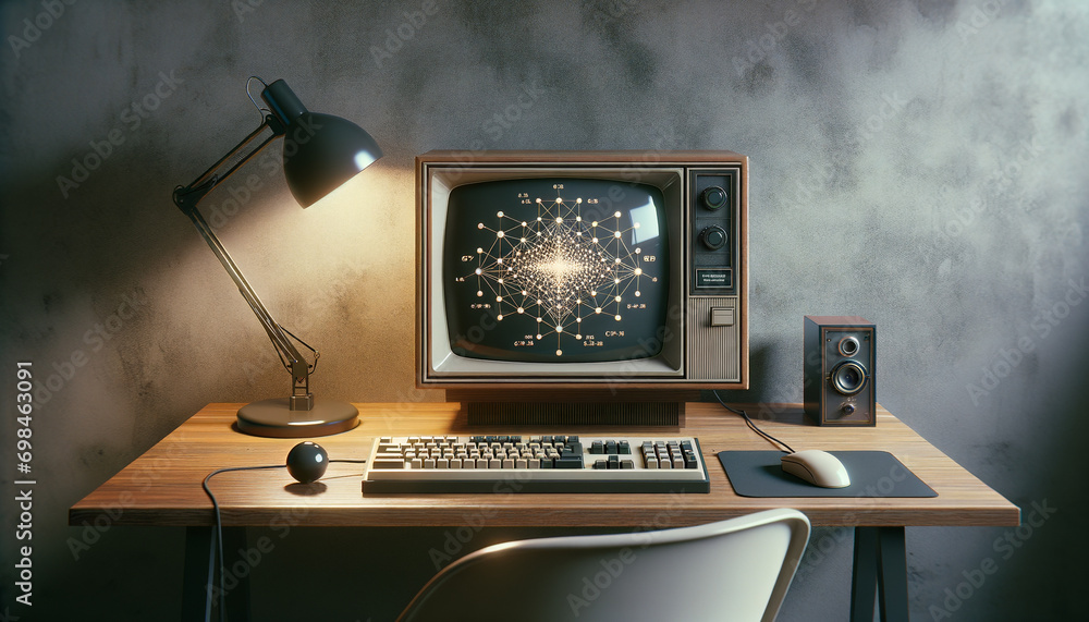 Foto De Retro inspired Workspace With Vintage CRT Monitor Displaying Foto de retro inspired workspace with vintage crt monitor displaying