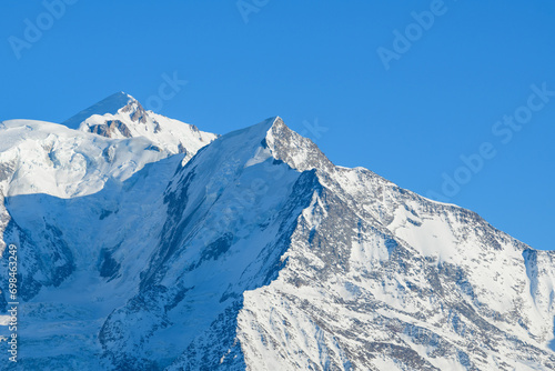 The Aiguille de Bionnassay in the morning in Europe, France, Rhone Alpes, Savoie, Alps, in winter, on a sunny day. © Florent