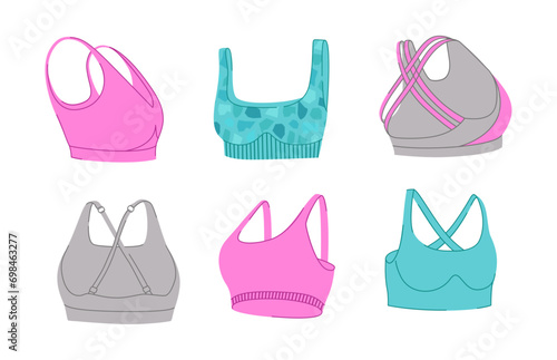 Female fitness bras vector set. Woman's sports clothes flat design. Isolated illustrations on a white background. Ideal for design sports content, stickers and print.