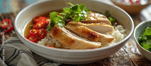 Asian-style breakfast consisting of chicken breast slices in a white bowl with rice soup.