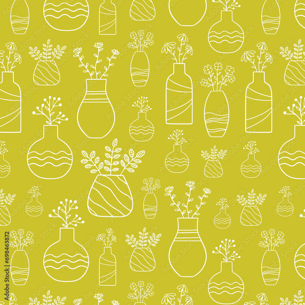 Potted flowers. Vector illustration in scandinavian style. Hand drawn seamless pattern design for fabric or wrapping paper.