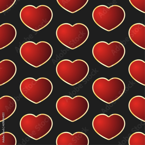 Red hearts vector seamless pattern. Volumetric gradient hearts with gold frames on black background. Best for web, polygraphy, print and St. Valentine's Day decoration.