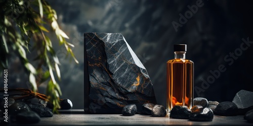 bottle and marble on the table, in the style of hyperrealistic precision, industrial and product design, paleocore, dark silver and amber, fawncore, nature-inspired imagery photo