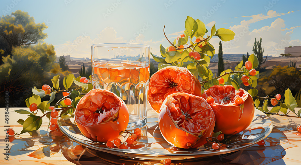 Rama de fruta naranja plantada en un jarrón cerca de la ventana imagen arte generado por ia - obrazy, fototapety, plakaty 
