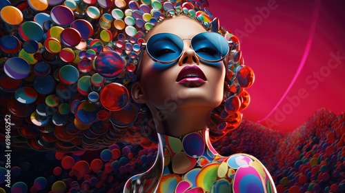 Fashion model in futuristic outfit and sunglasses with vibrant background. Modern fashion and style.