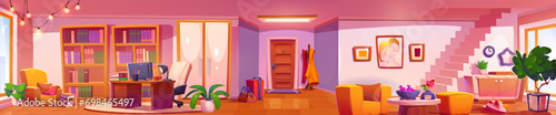 Modern home interior design. Vector cartoon illustration of large living room with armchair and working space, books on shelves, computer on desk, staircase leading upstairs, daylight in windows
