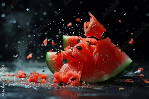 : Exploding watermelon, the juicy fragments suspended in mid-air, showcasing the chaotic beauty of the moment.