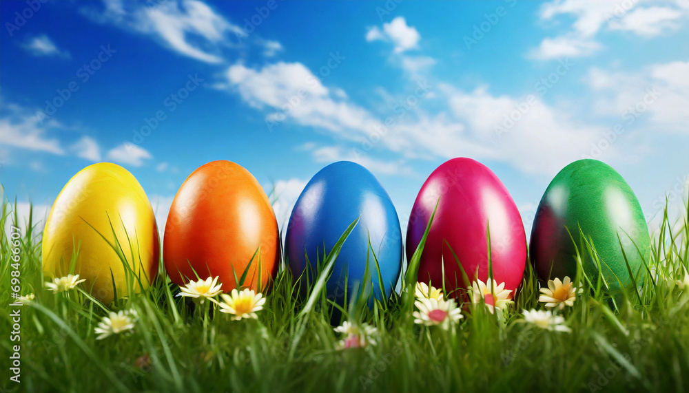 Colorful patterned easter eggs in the grass under a blue sky