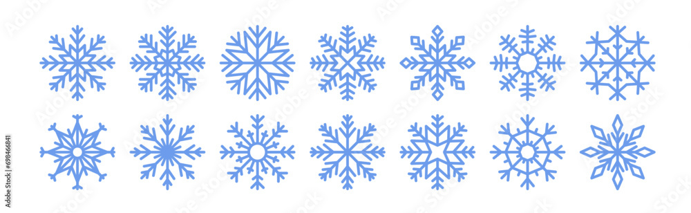 Snow flake icon set. Winter snowflake, design element. Iced cold crystal ornaments for Christmas holiday. Icy line symbols, decorations. Flat graphic vector illustrations isolated on white background Snow flake icon set. Winter snowflake, design element. Iced cold crystal ornaments for Christmas holiday. Icy line symbols, decorations. Flat graphic vector illustrations isolated on white background