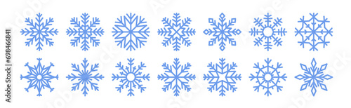 Snow flake icon set. Winter snowflake, design element. Iced cold crystal ornaments for Christmas holiday. Icy line symbols, decorations. Flat graphic vector illustrations isolated on white background