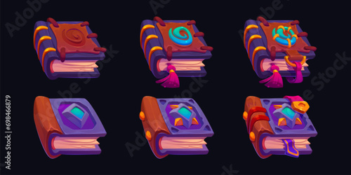 Magic spell books set with game level symbols isolated on background. Vector cartoon illustration of old volumes decorated with rhombus crystal, ancient symbol on leather cover, alchemy literature
