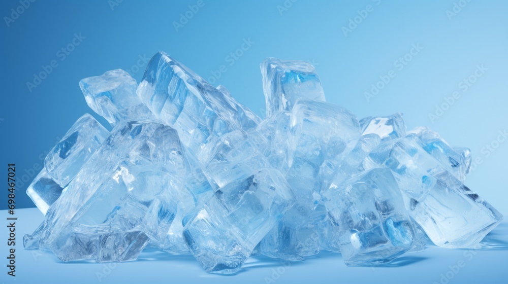 Ice cubes on a blue background. Frozen water crystals. Ice cubes on a blue background. Frozen water crystals.