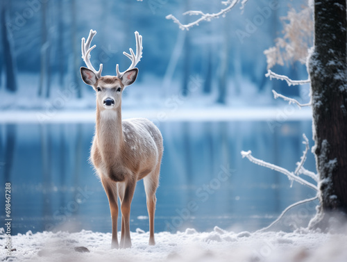 A serene winter landscape with a lone deer, snow-covered trees and a small frozen lake, soft sunlight filtering through the branches, creating a peaceful. Generative AI © MAX AI