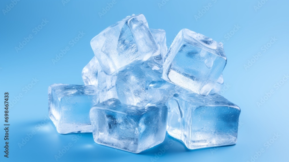 Ice cubes on a blue background. Frozen water crystals. Ice cubes on a blue background. Frozen water crystals.
