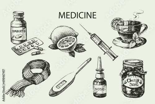 Sketch healthy and medical set. Hand drawn vector illustration