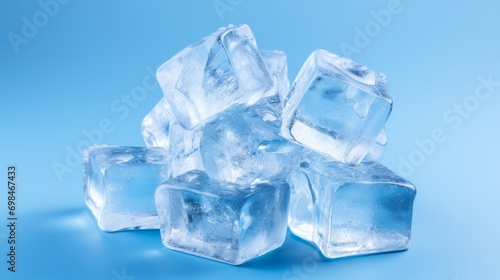 Ice cubes on a blue background. Frozen water crystals.