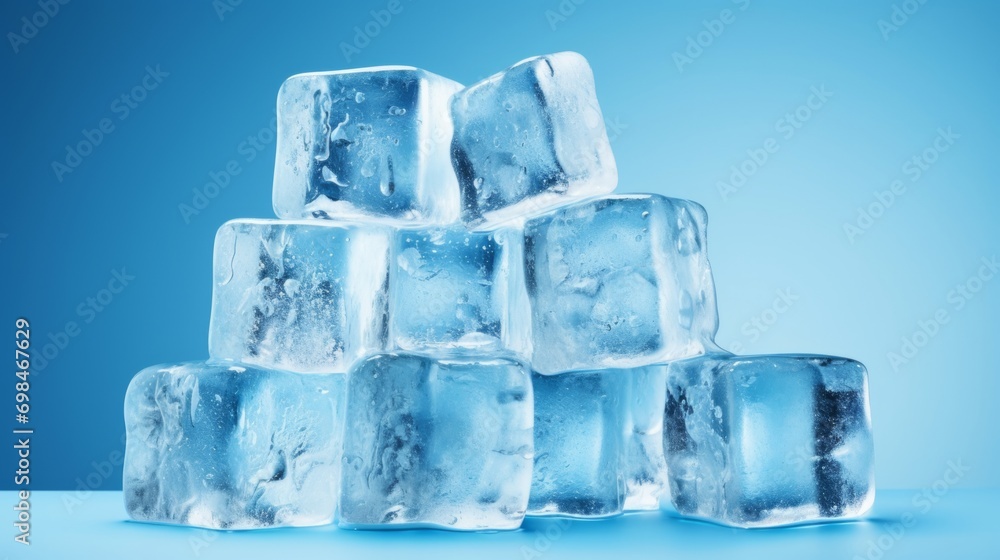 Ice cubes on a blue background. Frozen water crystals. Ice cubes on a blue background. Frozen water crystals.