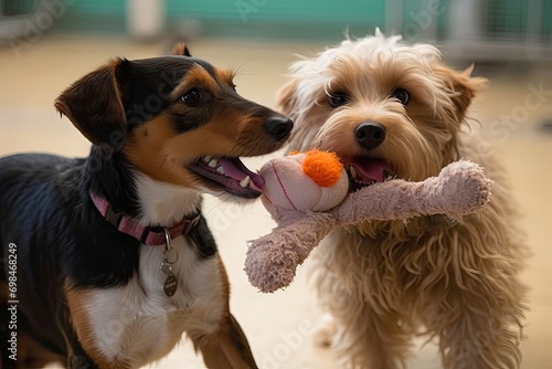 Dogs playing tugofwar stuffed animal photo
