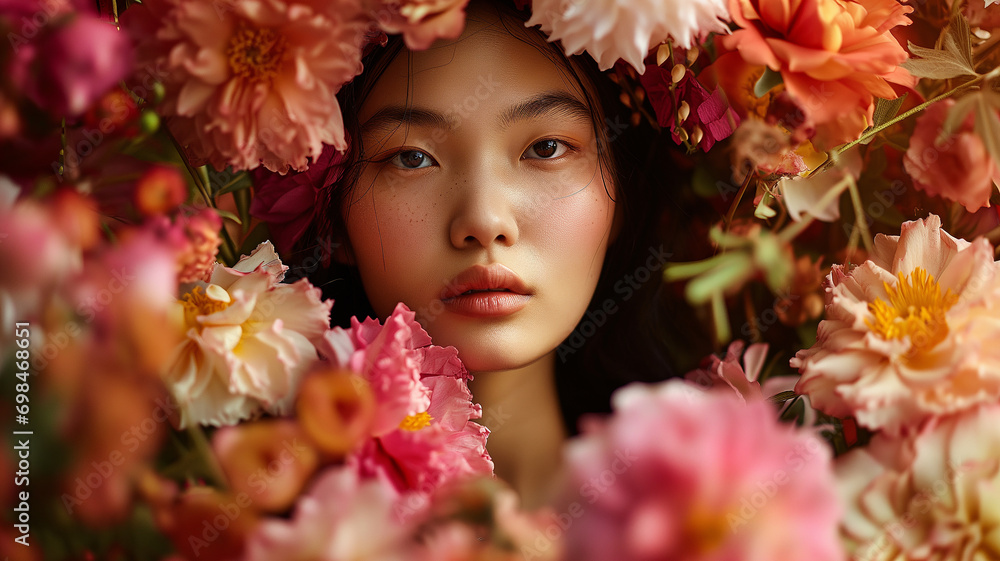 Asian Girl surrounded by a field of flowers, a colorful and bright Asian Girl surrounded by a field of flowers, a colorful and bright
