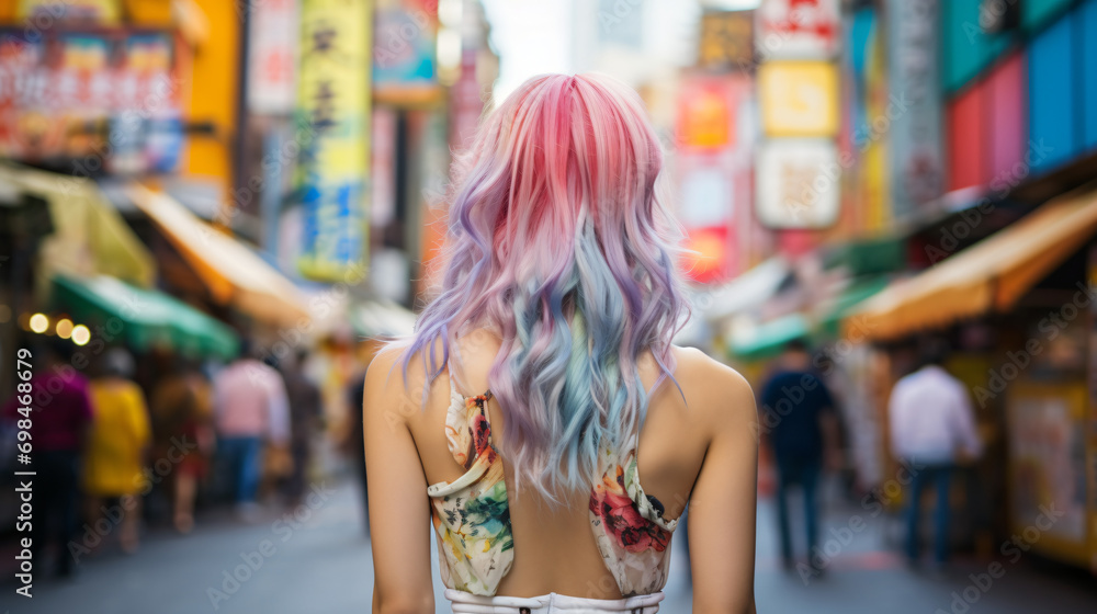 Young Woman with Colorful Kawaii Hair on Japanese