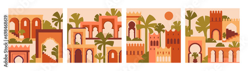 Morocco architecture cards set. Moroccan buildings, square backgrounds. Abstract ancient Marrakech and Medina cities, Berber houses. Marrakesh wall arts. Colored modern flat vector illustrations #698468619