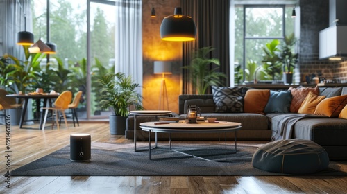 Modern home with smart speakers lights and thermostat all connected and controlled through a single device, Smart Home and automation concept. © Oulaphone