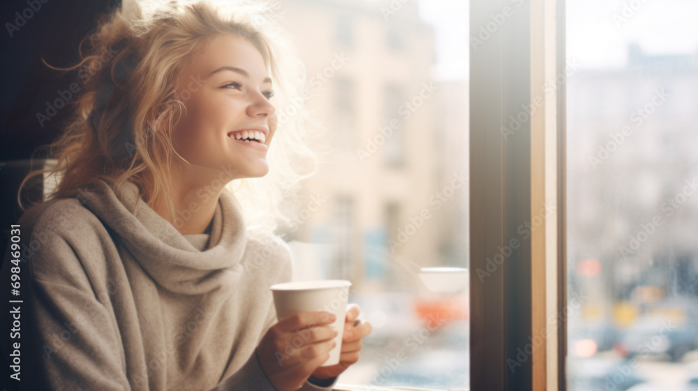 Smiling young blond woman enjoying in her coffee time by the window Smiling young blond woman enjoying in her coffee time by the window