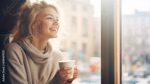 Smiling young blond woman enjoying in her coffee time by the window