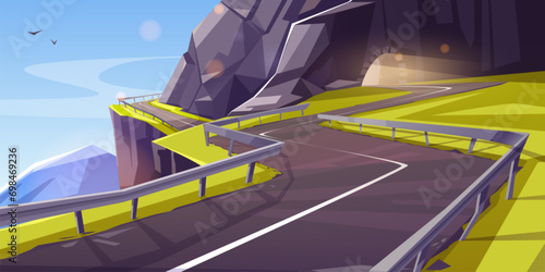 Empty curve serpentine road over cliff in mountains goes out of tunnel flooded with sunlight. Cartoon summer vector landscape of asphalt highway in rocky hills. Countryside scenery with freeway.