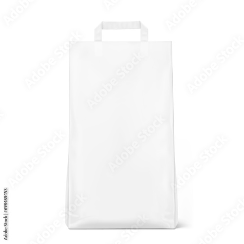 Paper packaging bag with handle mockup. Front view. Vector illustration isolated on white background. Ready for use in presentation, promo, advertising and more. EPS10.
