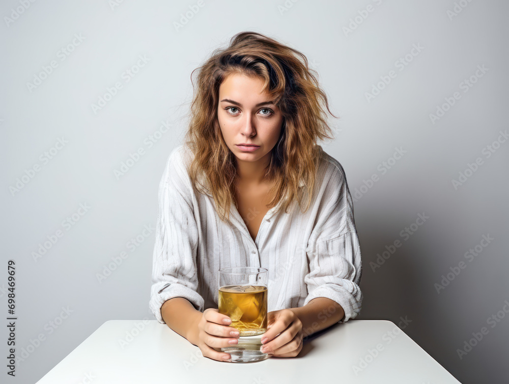 Blonde woman drinking glass of alcoholic drink, feeling hopeless with life choices Blonde woman drinking glass of alcoholic drink, feeling hopeless with life choices