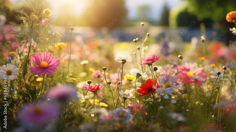 Obraz premium Vibrant wildflowers in sunlit meadow during spring. Nature and tranquility.